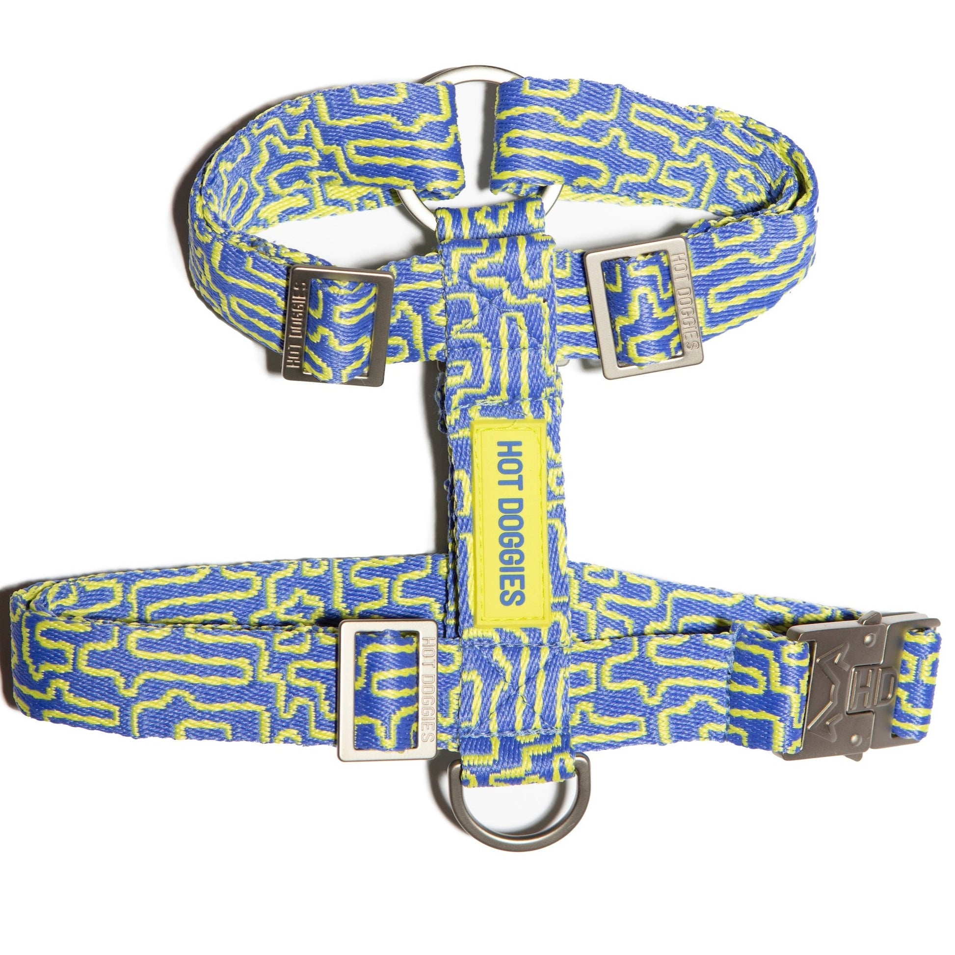 Flat-lay of the Hot Doggies bobby blue Harness in blue and lime, showing off the sleek design and modern pattern.