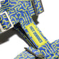 Flat-lay of the Hot Doggies bobby blue Harness in blue and lime, showing off the sleek design and modern pattern.