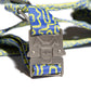 the Hot Doggies bobby blue Harness in blue and lime, showing off the sleek detail hardwear