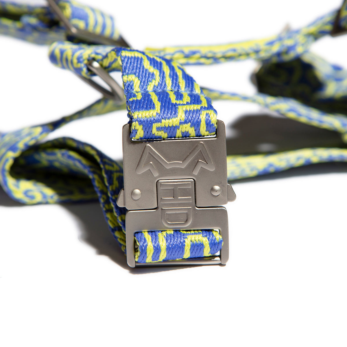 the Hot Doggies bobby blue Harness in blue and lime, showing off the sleek detail hardwear