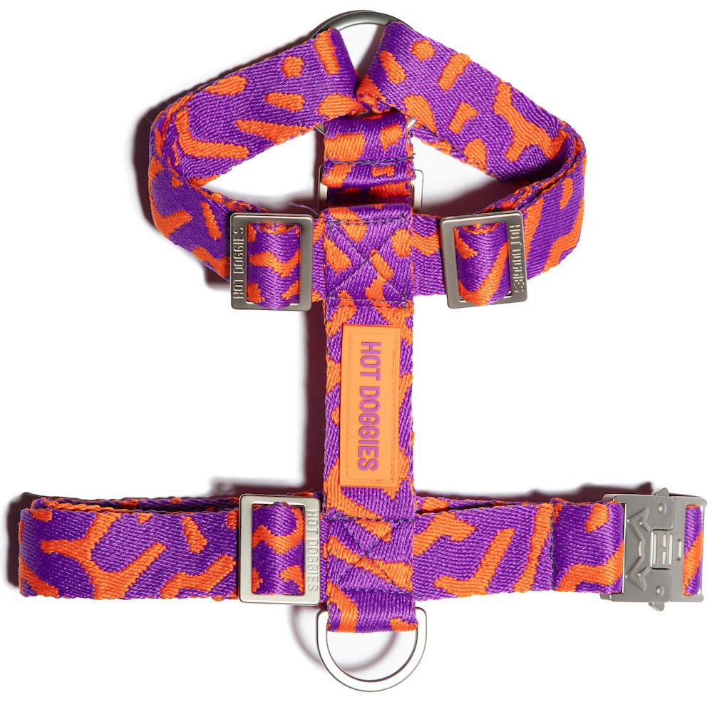 Flat-lay of the Hot Doggies Coco Noir Harness featuring a sleek, modern purple and orange design."

