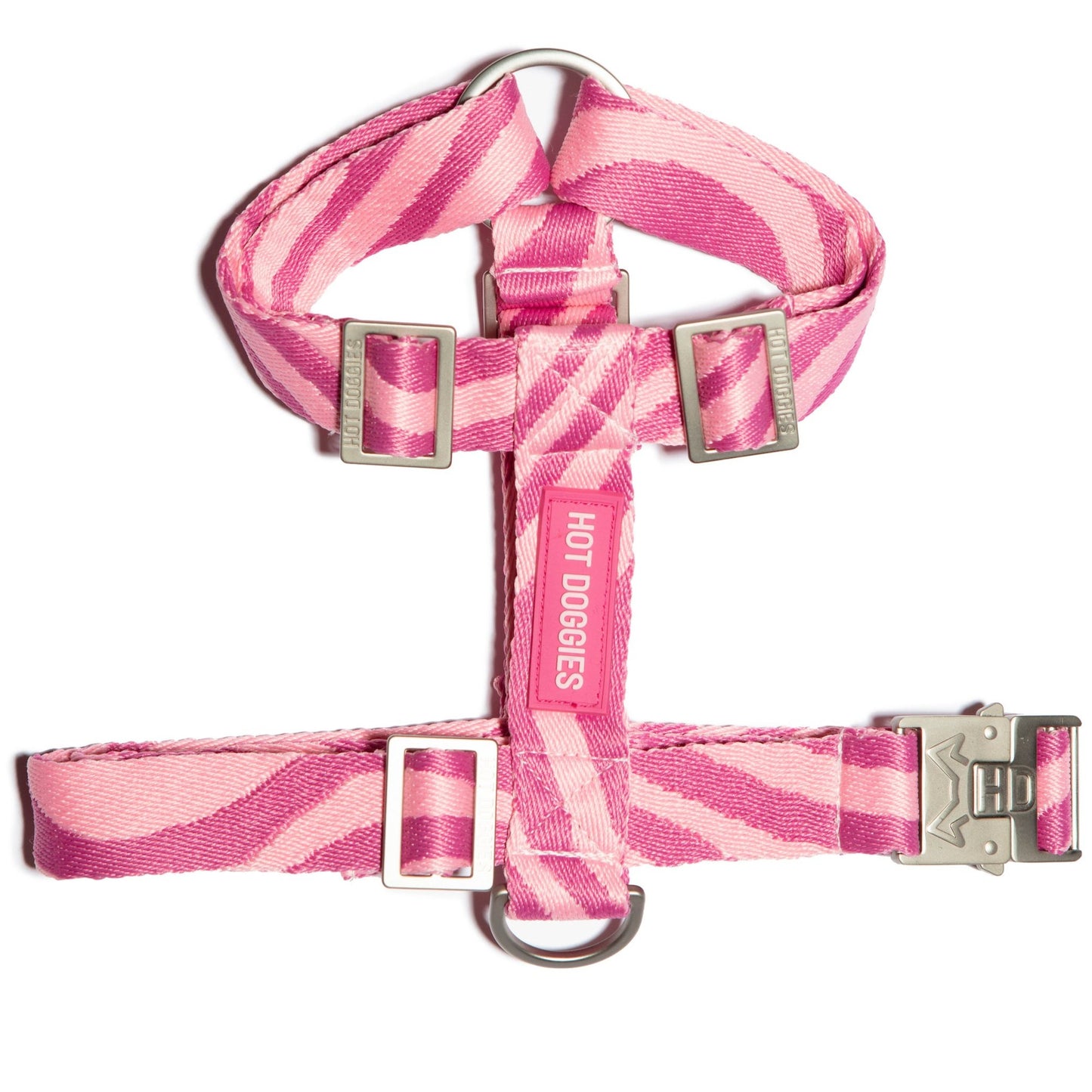 Flat lay of the Roxy Pink Harness with pink wave pattern, showcasing the sleek design and adjustable straps