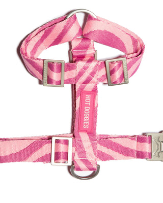 Flat lay of the Roxy Pink Harness with pink wave pattern, showcasing the sleek design and adjustable straps.