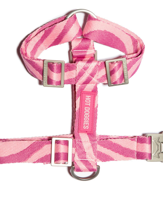 Flat lay of the Roxy Pink Harness with pink wave pattern, showcasing the sleek design and adjustable straps.